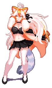 A pixel art version of Wonder made by @GezelVT, she has her hands behind her head, with her elbows at chest level. Her eyes are closed. The wind is flowing her hair, skirt, sweater jacket, and ribbon to the right.