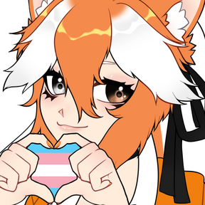 A gif of Wonder's model making a heart hand that is filled with a trans flag! She has orange nails in this artwork! This artwork was done by @ShadowUsagi!