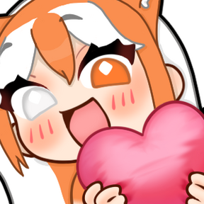 A chibi version of Wonder's model, without her ribbon, smiling with a very wide, open mouth. She is holding a pink cartoon heart towards the camera with both of her hands and is slightly blushing!