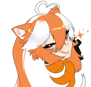 Wonder's model, with art from @ShadowUsagi, she is a Red Panda Girl with pale white skin, orange ears, a white heart shaped cowlick, 5 groups of hair for bangs that go in the order of Orange, white, orange, white, orange. She is winking with her right eye