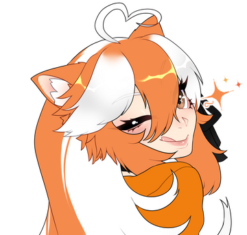 Wonder's model, with art from @ShadowUsagi, she is a Red Panda Girl with pale white skin, orange ears, a white heart shaped cowlick, 5 groups of hair for bangs that go in the order of Orange, white, orange, white, orange. She is winking with her right eye
