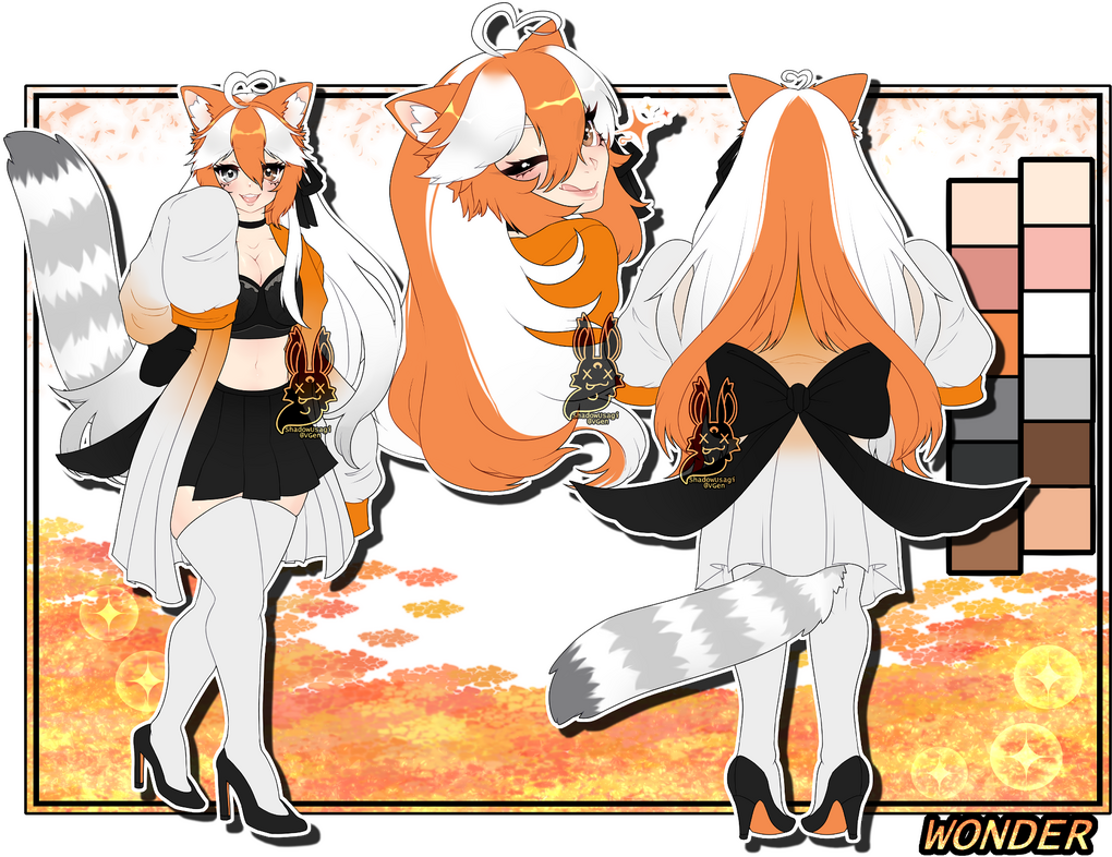 A full reference sheet for Wonder, with a front and back pose, as well as a headshot winking pose in the middle. She has white and orange hair, with her bangs being white then orange then white, and the long back of her hair being white then orange then wh